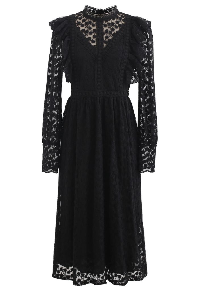 Full of Daisy Embroidered Ruffle Mesh Midi Dress in Black - Retro ...
