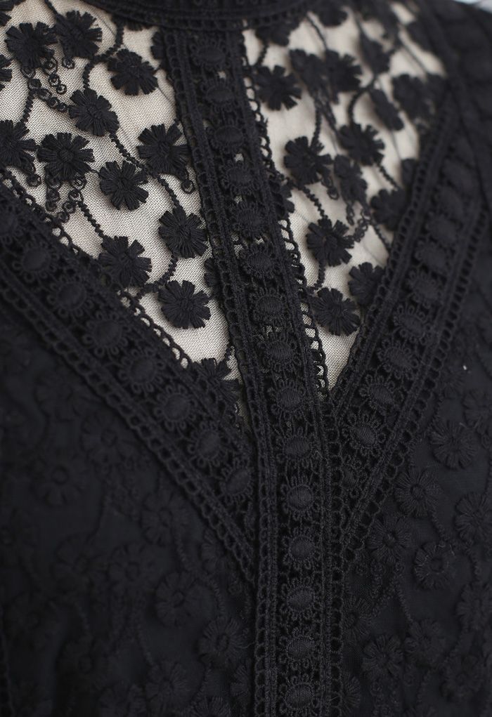 Full of Daisy Embroidered Ruffle Mesh Midi Dress in Black