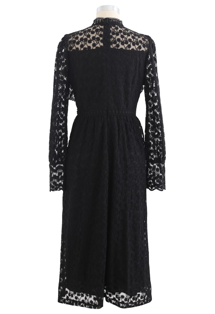 Full of Daisy Embroidered Ruffle Mesh Midi Dress in Black - Retro ...