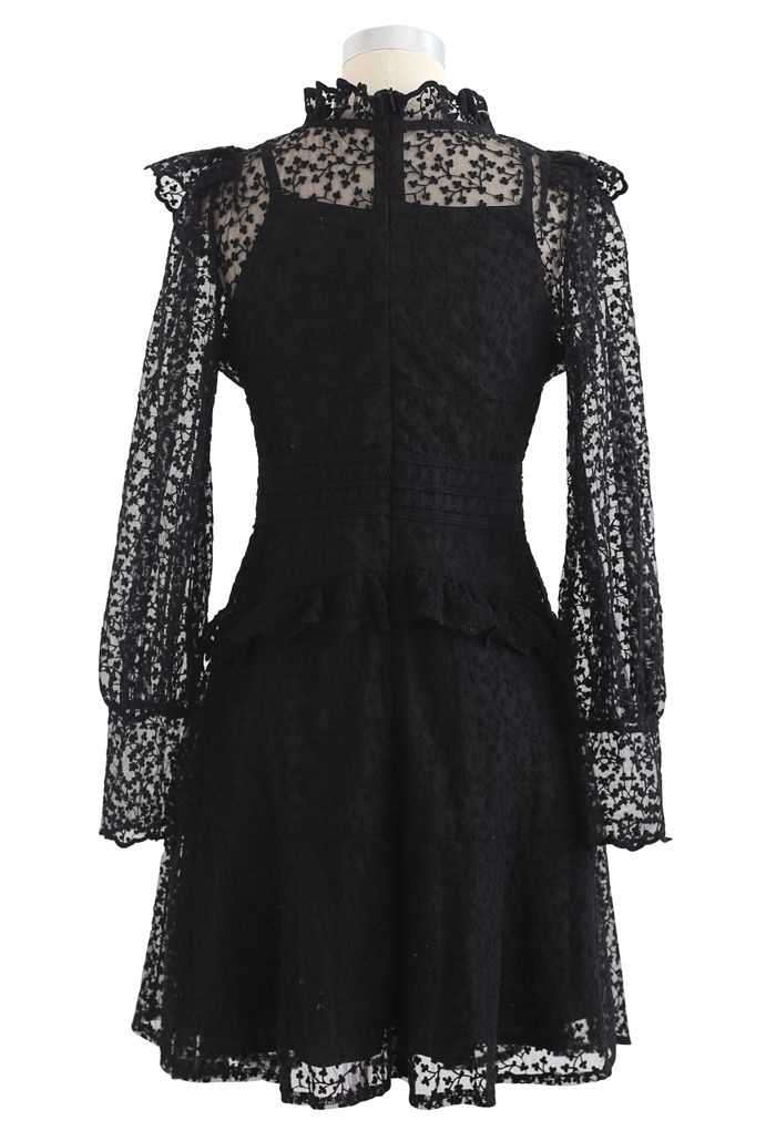 Full of Floret Embroidered Ruffle Mesh Dress in Black - Retro, Indie ...