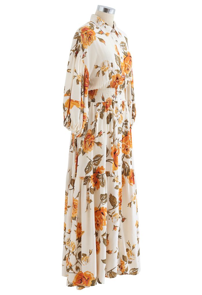 Blossom Moment Bubble Sleeves Button Down Maxi Dress in Cream