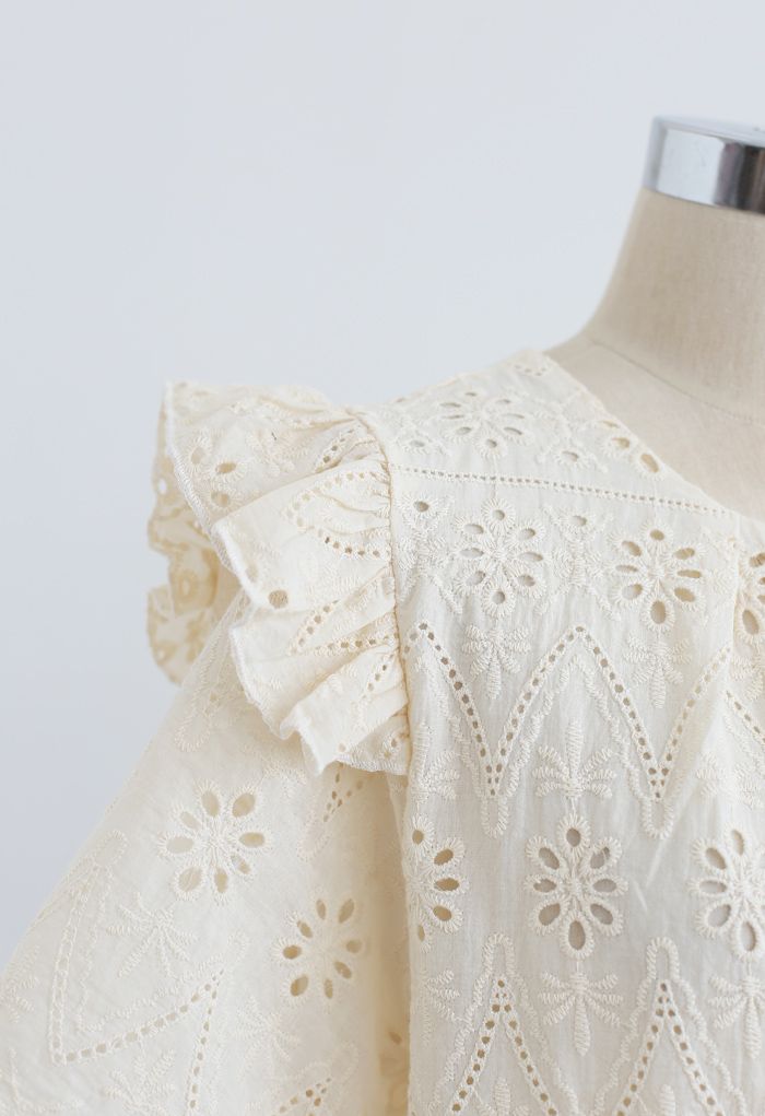 Zigzag Eyelet Floral Embroidered Short-Sleeve Top in Light Yellow