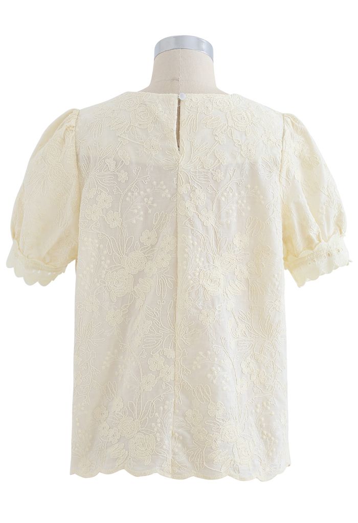 Delicate Floral Embroidered Short-Sleeve Top in Light Yellow
