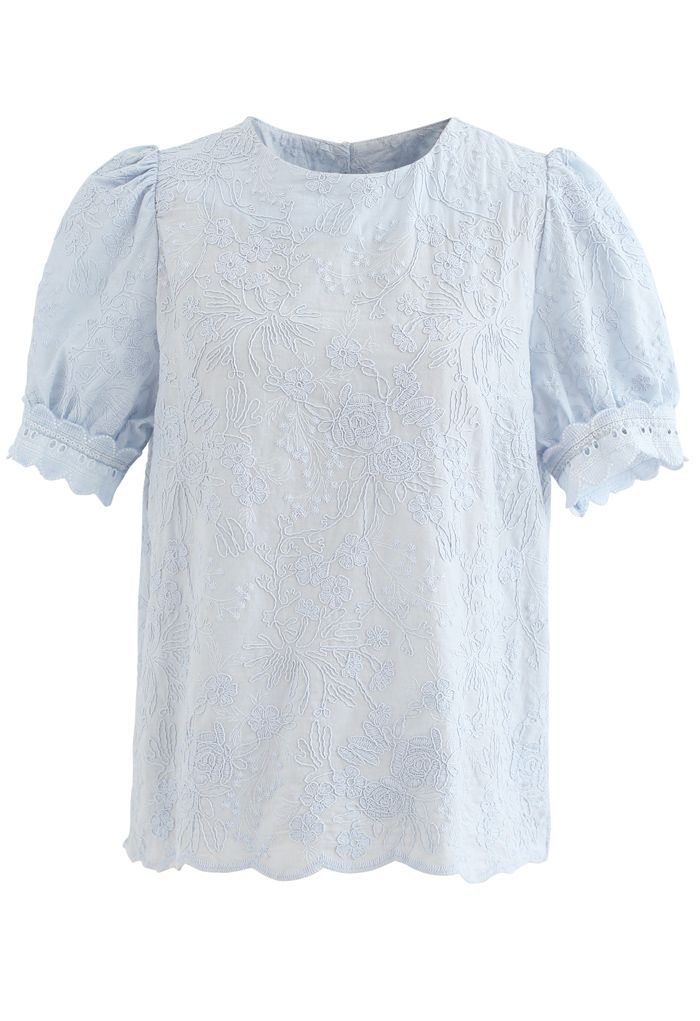 Delicate Floral Embroidered Short-Sleeve Top in Blue