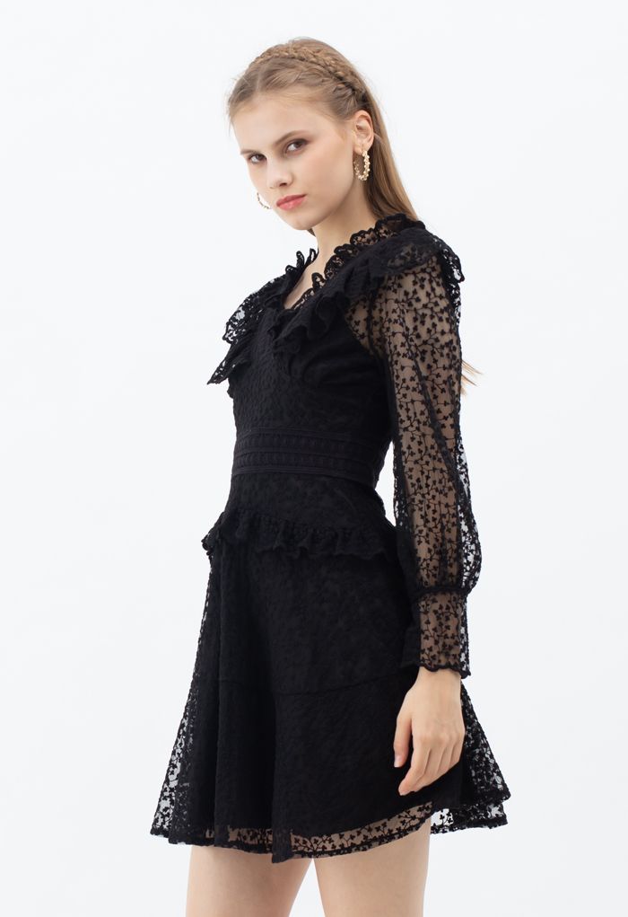 Full of Floret Embroidered Ruffle Mesh Dress in Black - Retro, Indie ...