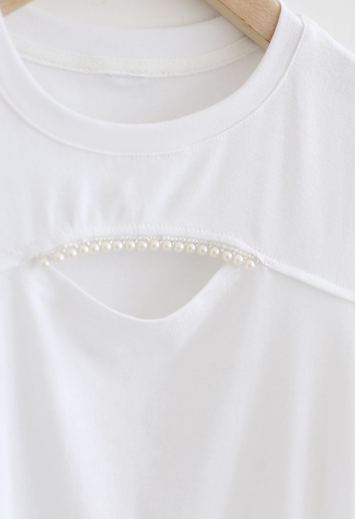 Front Cutout Pearls Fitted T-Shirt in White - Retro, Indie and Unique ...