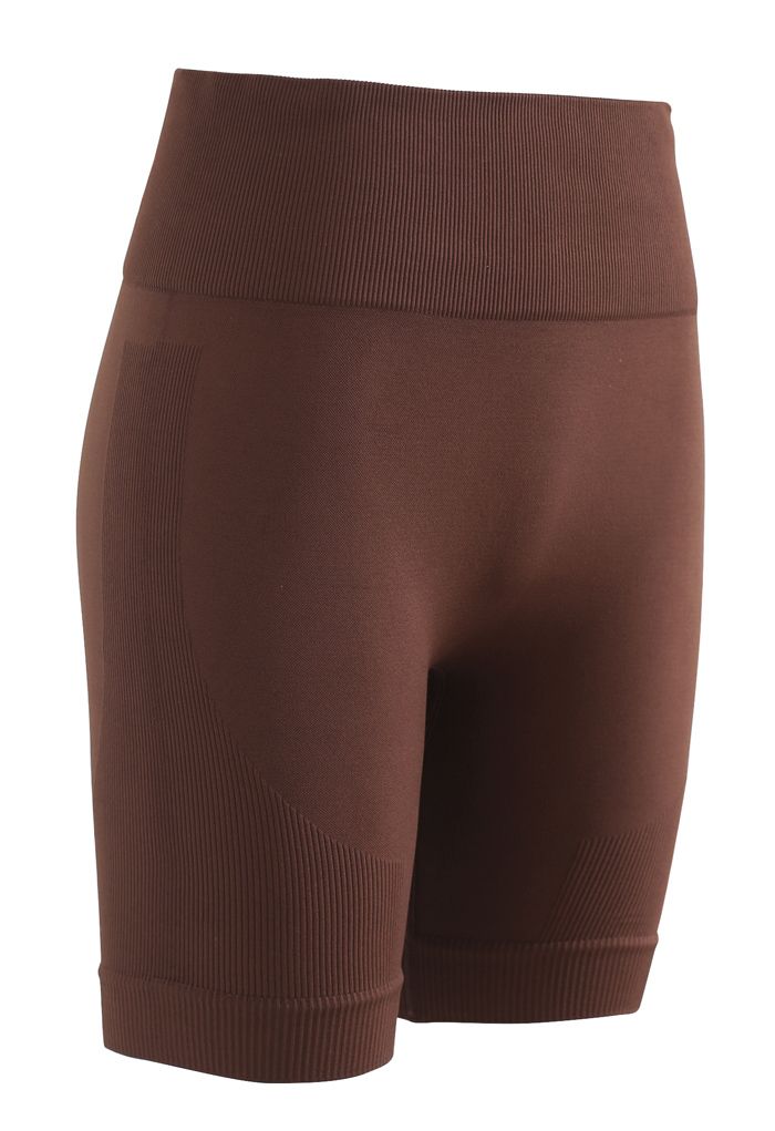 Zip Front Cropped Sports Top and Legging Shorts Set in Brown