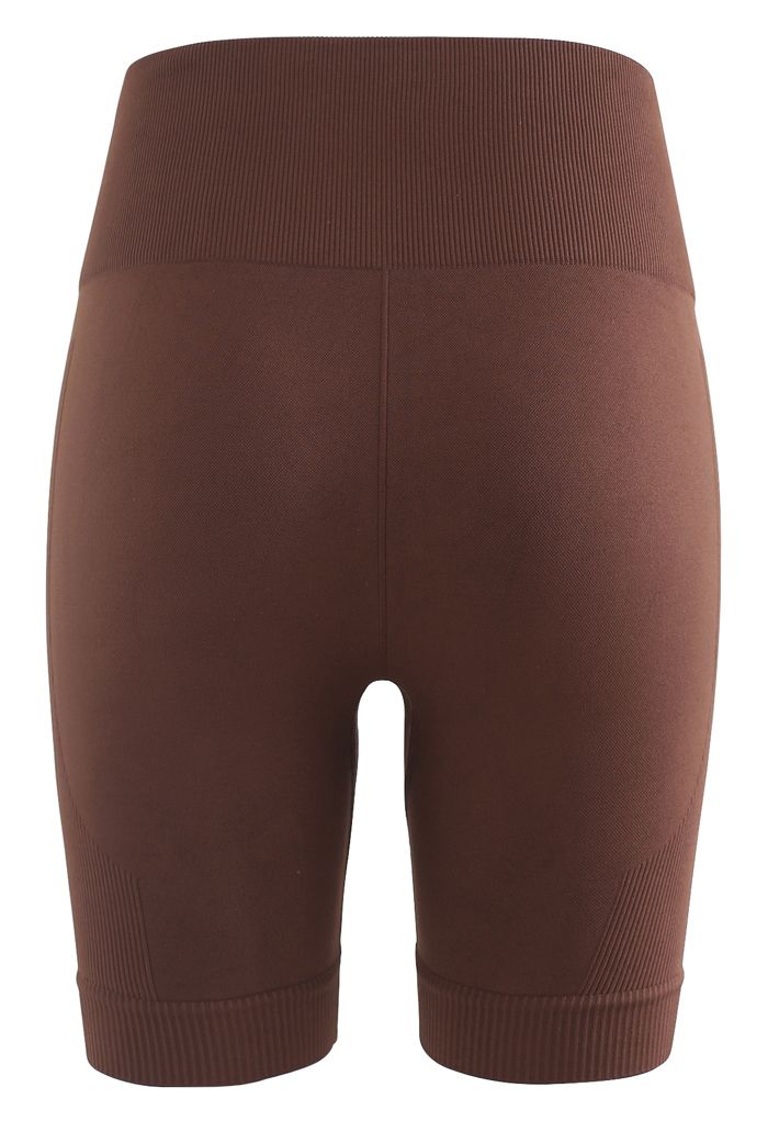 Zip Front Cropped Sports Top and Legging Shorts Set in Brown