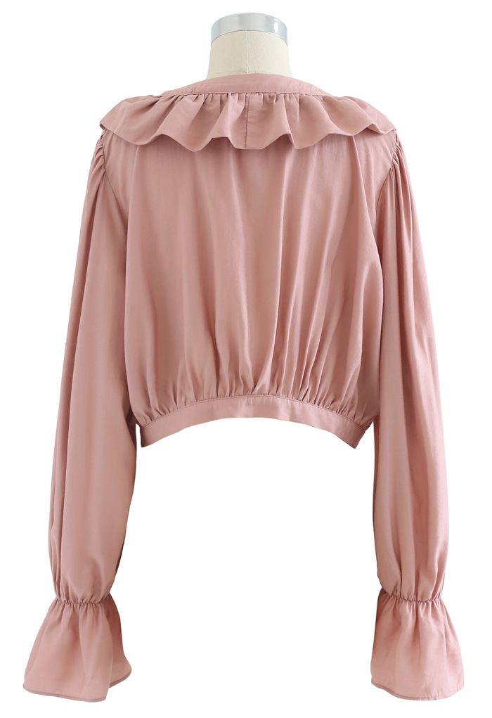 Buttoned Wrap Ruffle Crop Top in Pink