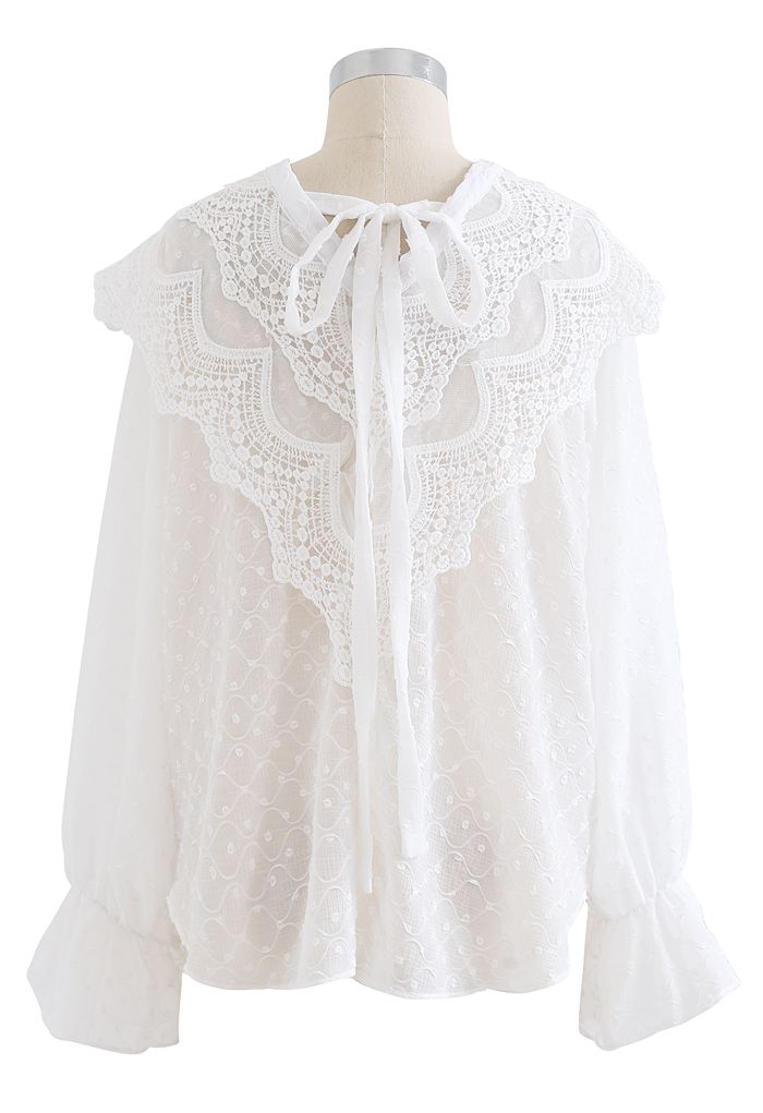 Tie Neck Flock Dots Buttoned Sheer Top in White