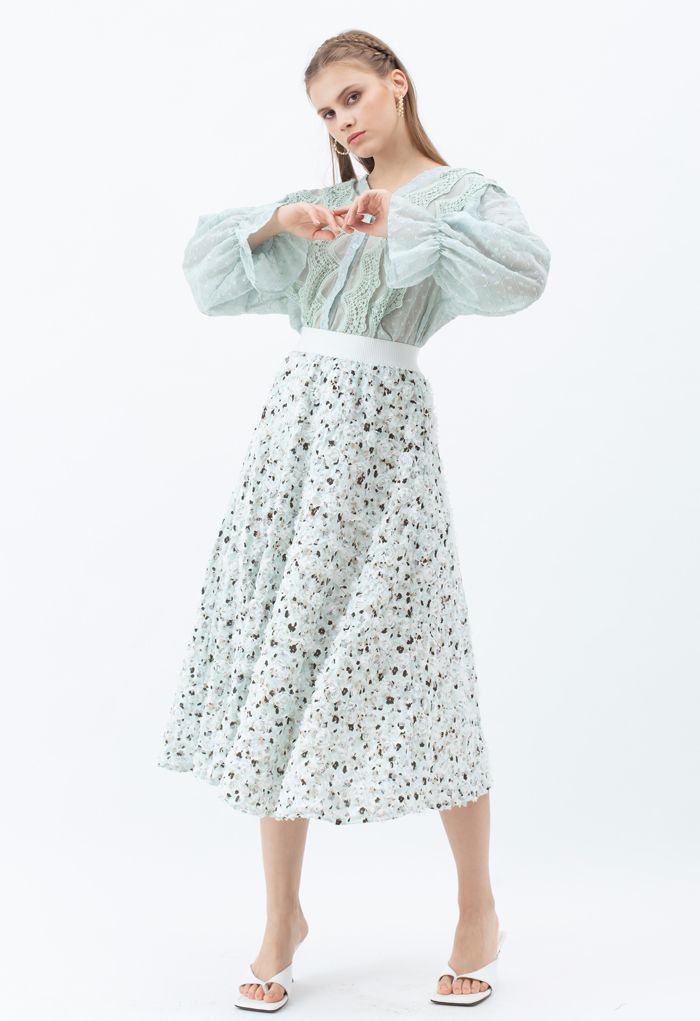 3D Applique Floral Print Midi Skirt in Mint
