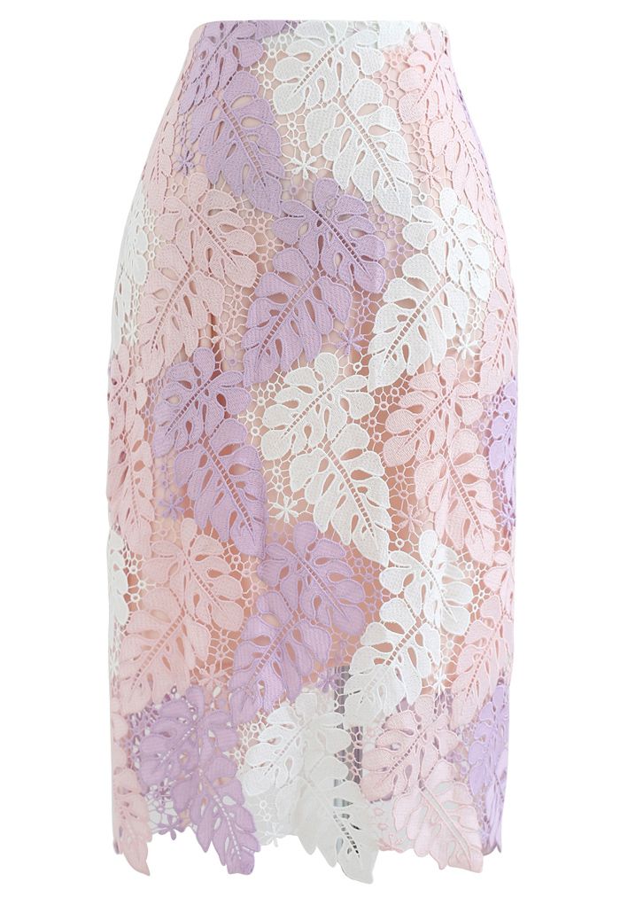 Multi-Color Leaves Crochet Pencil Skirt in Pink