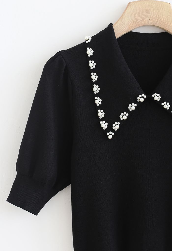 Pearly Collar Puff Sleeves Knit Top in Black