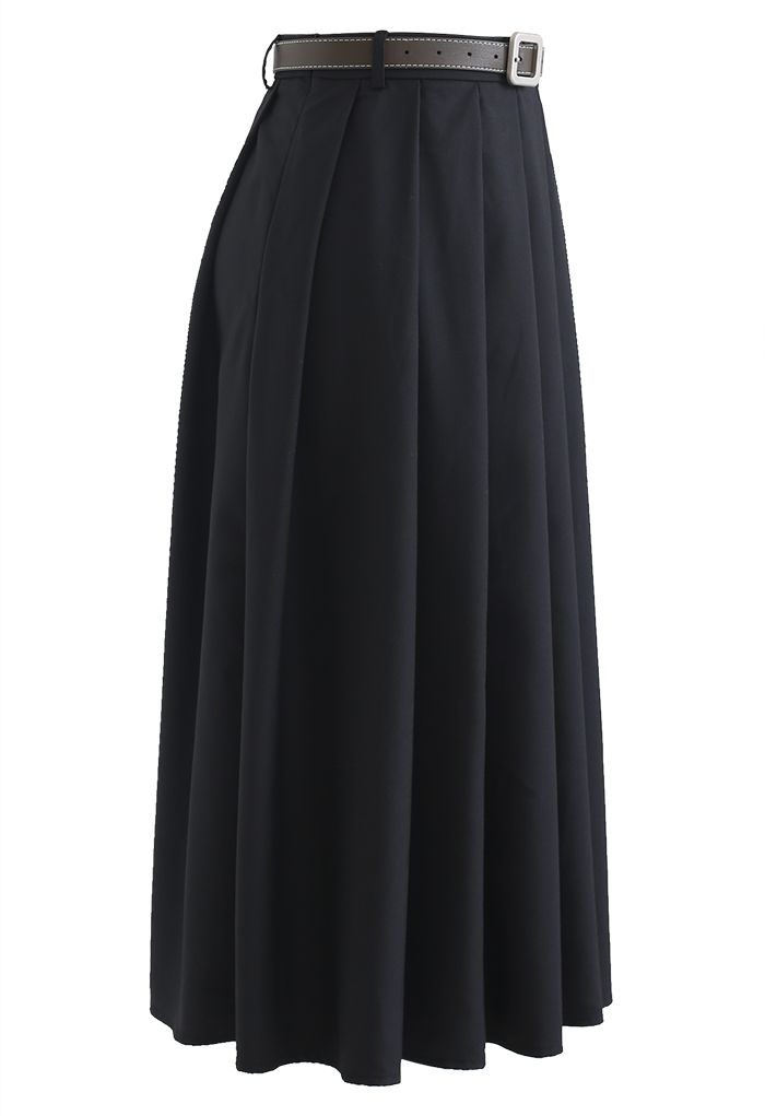 Classic Belted Pleated Midi Skirt in Black - Retro, Indie and Unique ...