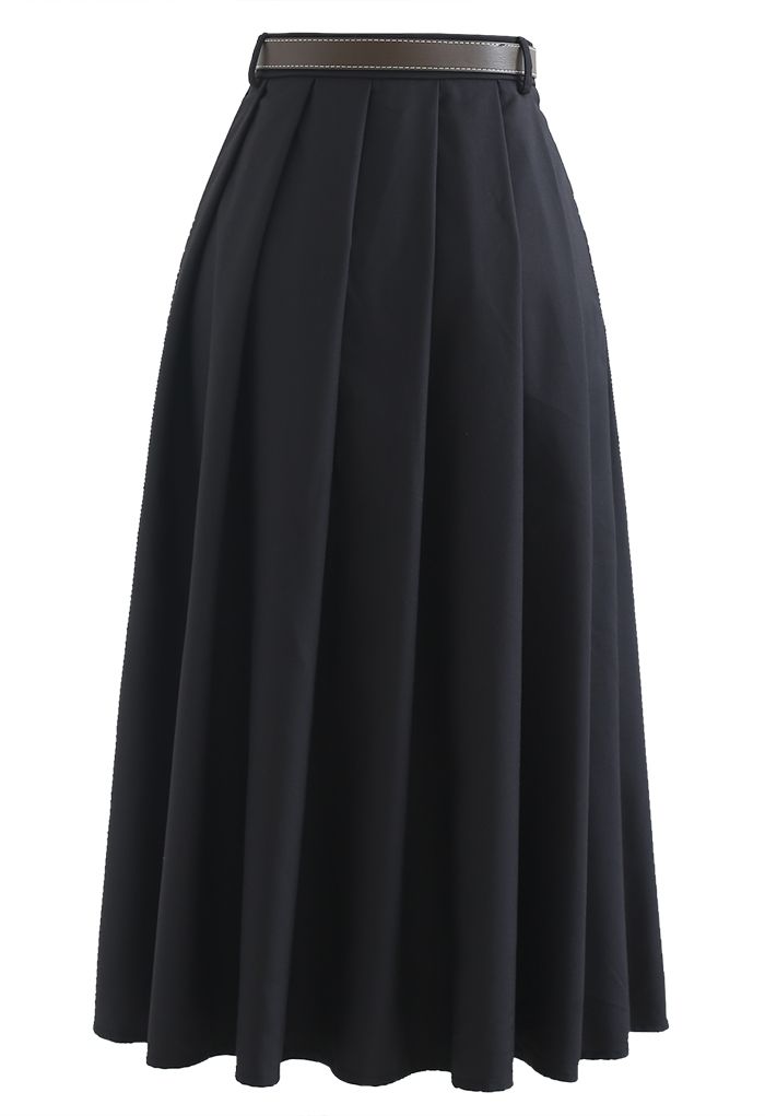Classic Belted Pleated Midi Skirt in Black - Retro, Indie and Unique ...