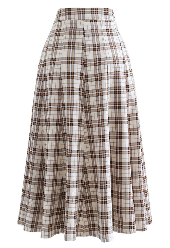 High-Waisted Tartan Flare Skirt in Tan - Retro, Indie and Unique Fashion