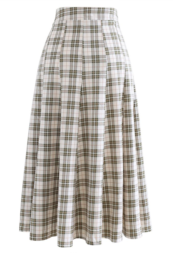 High-Waisted Tartan Flare Skirt in Olive