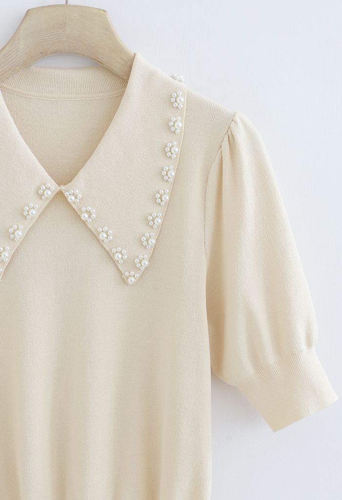 Pearly Collar Puff Sleeves Knit Top in Cream - Retro, Indie and Unique ...