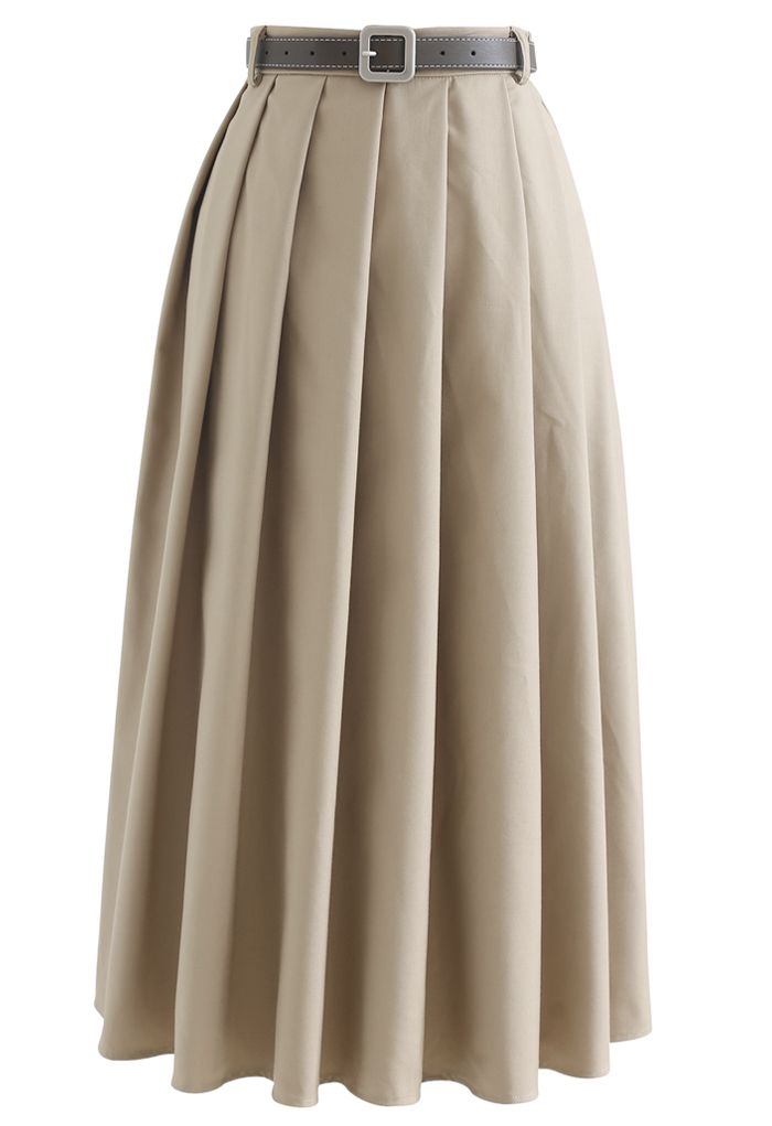 Classic Belted Pleated Midi Skirt in Tan - Retro, Indie and Unique Fashion