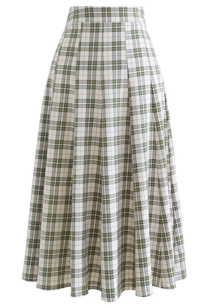High-Waisted Tartan Flare Skirt in Olive - Retro, Indie and Unique Fashion