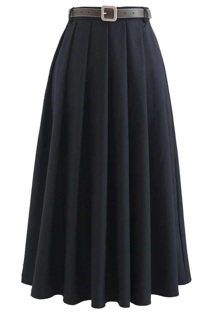 Classic Belted Pleated Midi Skirt in Black