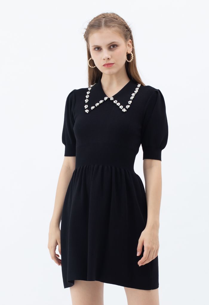 Pearly Collar Puff Sleeves Knit Skater Dress in Black