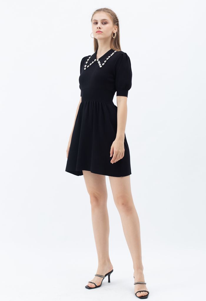 Pearly Collar Puff Sleeves Knit Skater Dress in Black