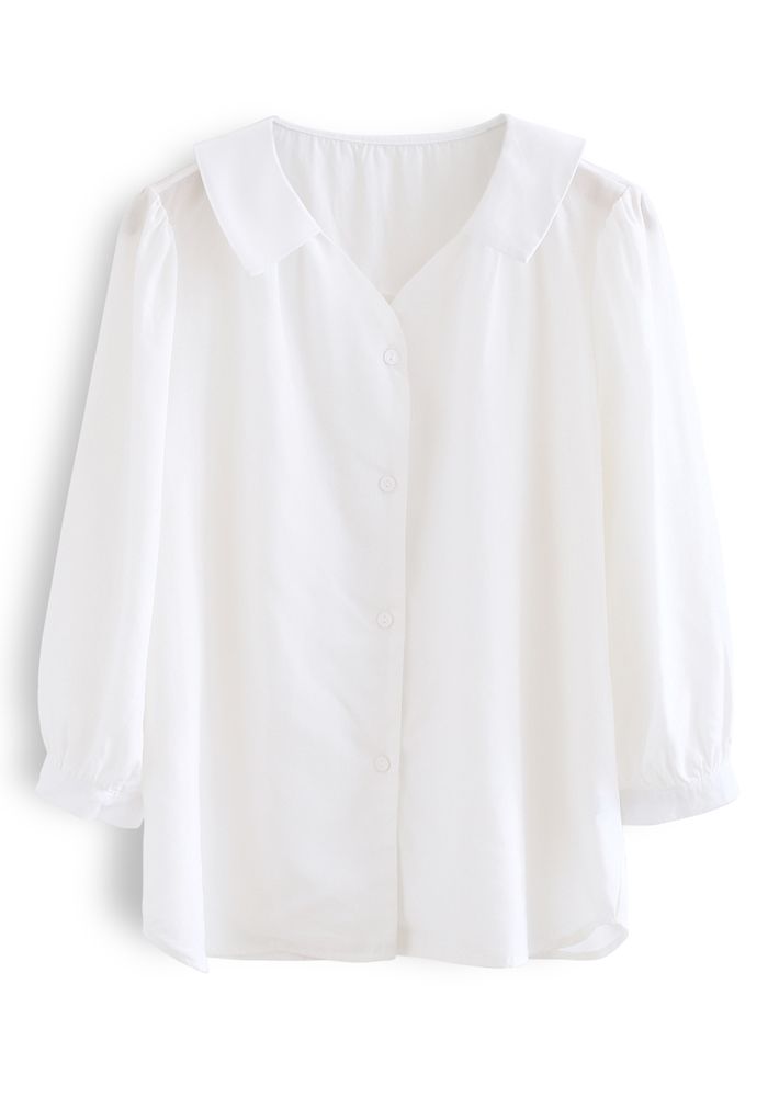Three-Quarter Sleeve Buttoned Shirt in White - Retro, Indie and Unique ...