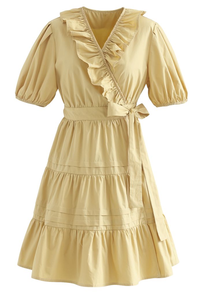 Short Sleeves Wrap Tied Ruffle Dress in Mustard - Retro, Indie and ...