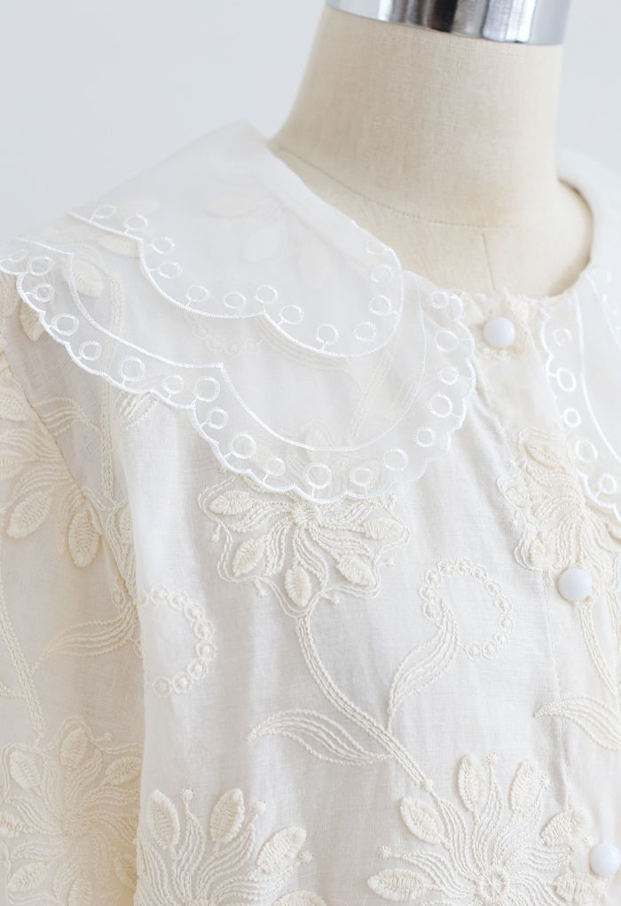 Organza Neck Delicate Embroidered Shirt in Cream