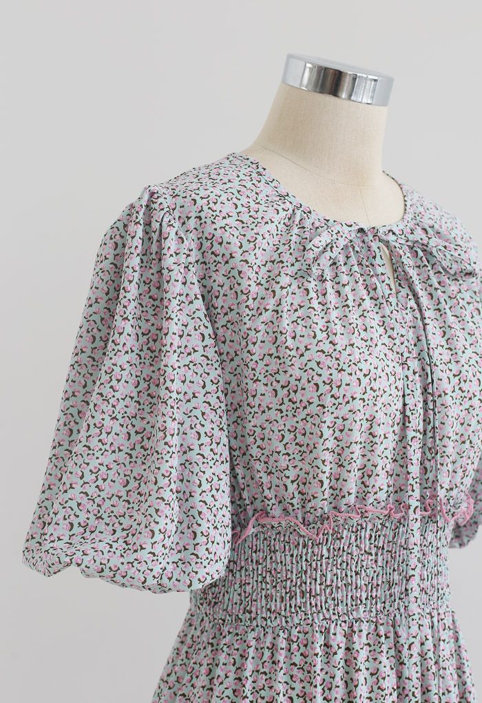 Ruffle Detail Ditsy Floral Shirred Dress in Pink
