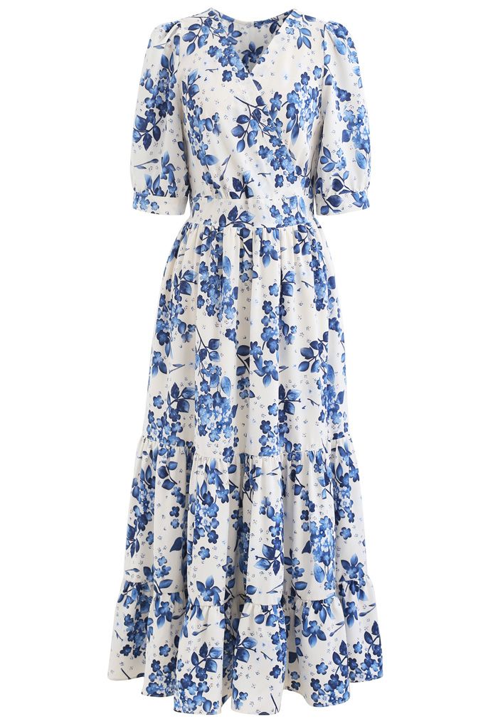 Blue Floral Printed Wrap Frilling Dress - Retro, Indie and Unique Fashion