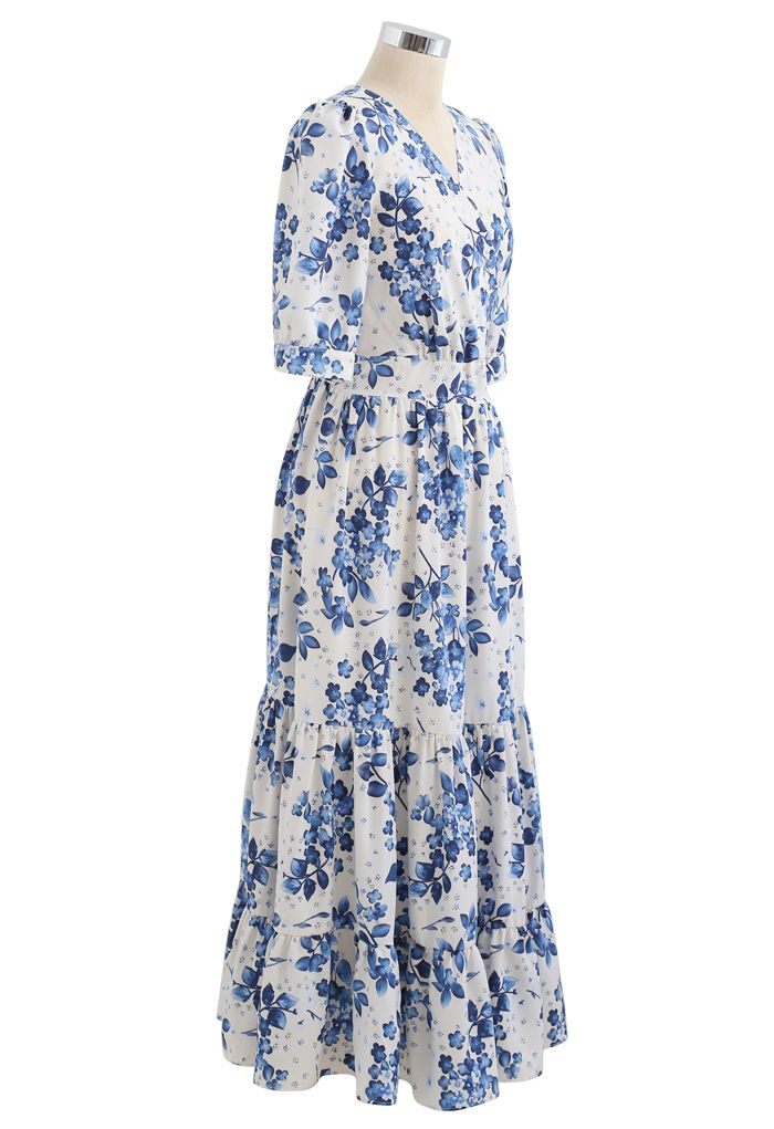 Blue Floral Printed Wrap Frilling Dress - Retro, Indie and Unique Fashion