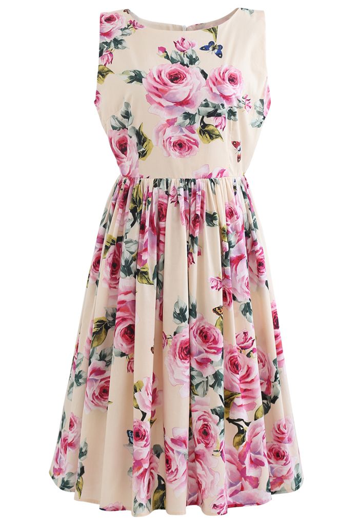 Blooming Pink Rose Printed Pleated Cotton Dress in Light Yellow