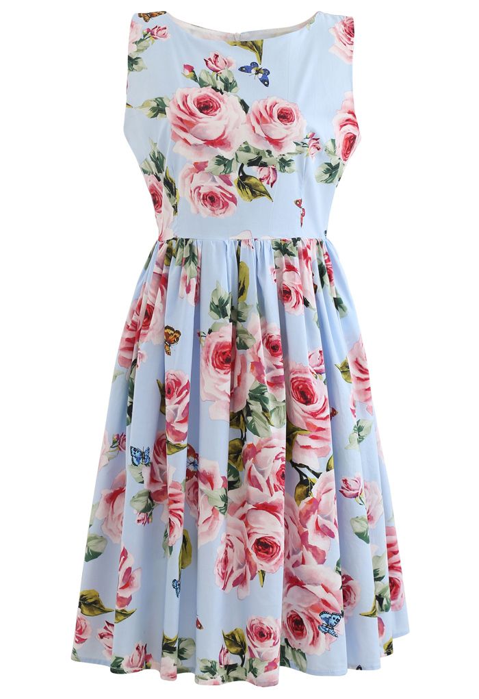 Blooming Pink Rose Printed Pleated Cotton Dress in Blue - Retro, Indie ...
