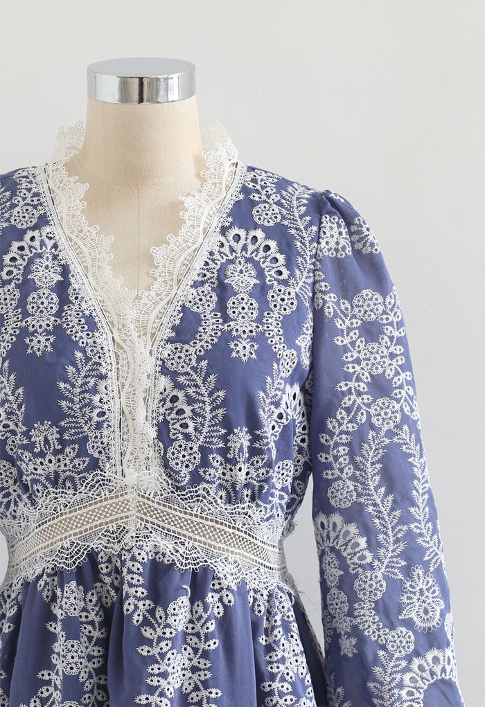 V-Neck Crochet Embroidered Dress - Retro, Indie and Unique Fashion