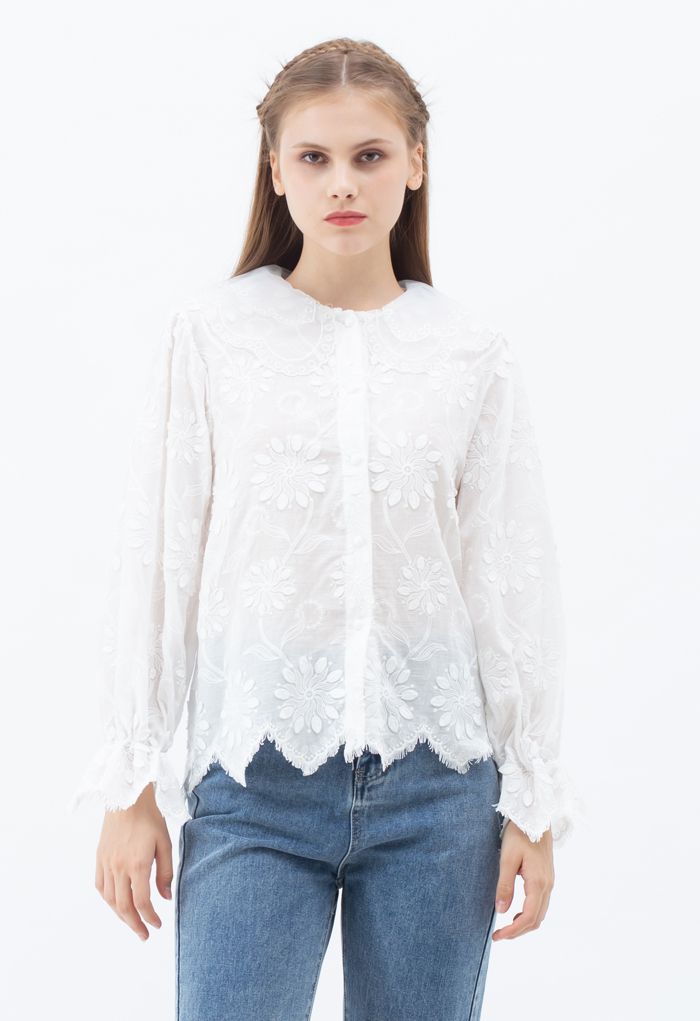 Organza Neck Delicate Embroidered Shirt in White - Retro, Indie and ...