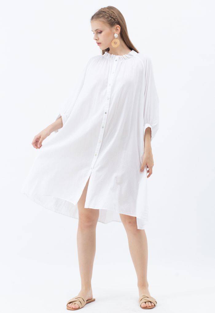 Breezy Bubble Sleeve Longline Shirt Dress in White - Retro, Indie and ...