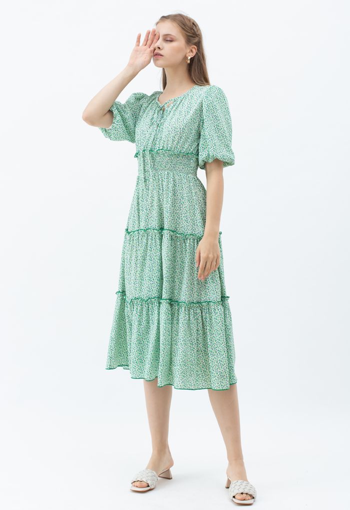 Ruffle Detail Ditsy Floral Shirred Dress in Green