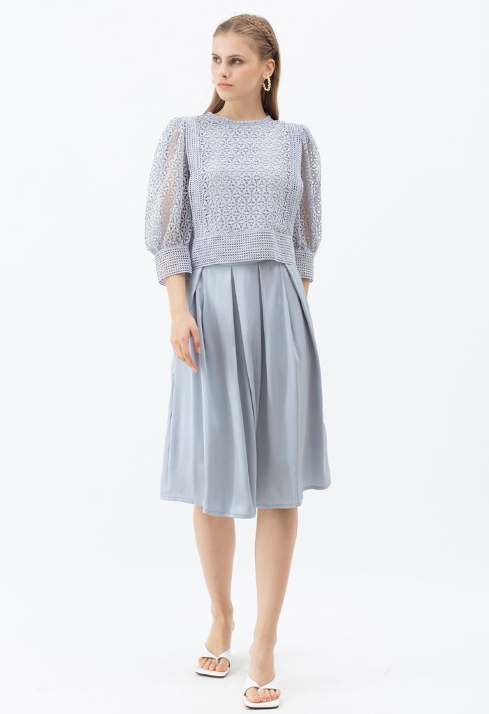 Polished Textured Pleated Midi Skirt in Dusty Blue