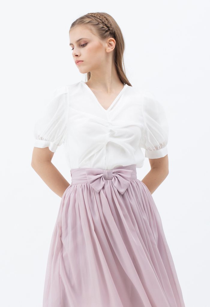 V-Neck Ruched Organza Twinset Top in White