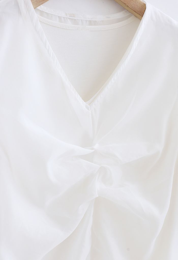V-Neck Ruched Organza Twinset Top in White
