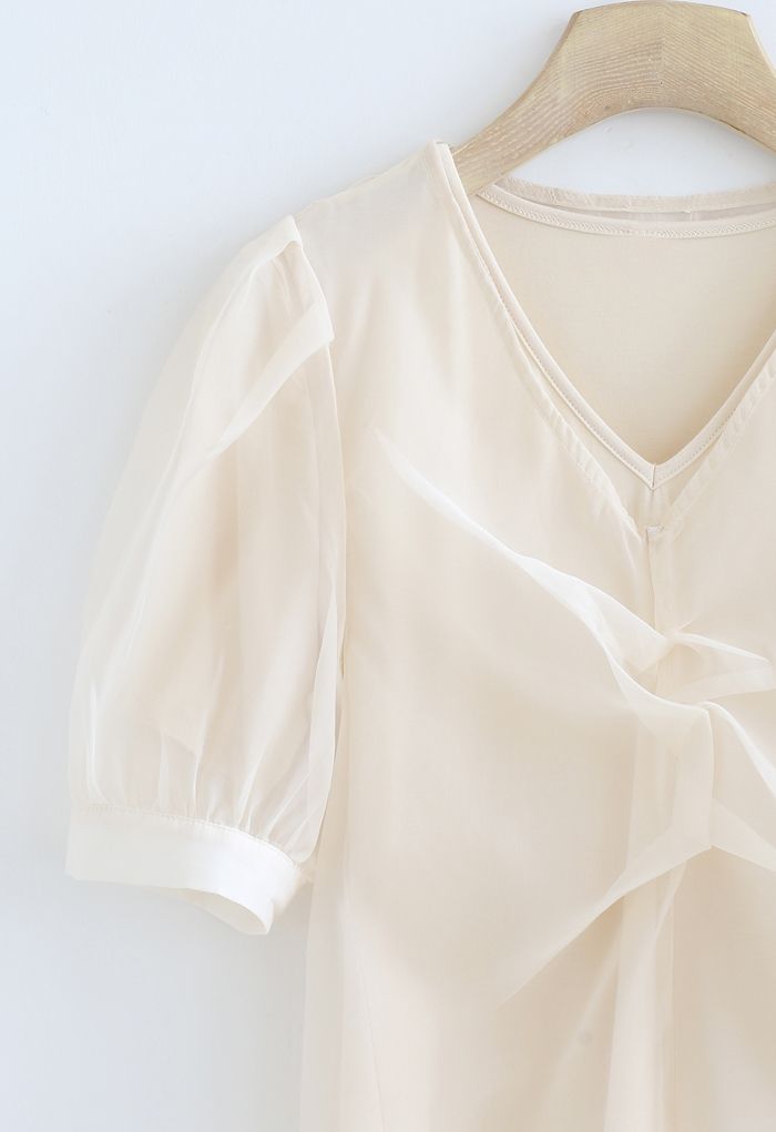 V-Neck Ruched Organza Twinset Top in Cream