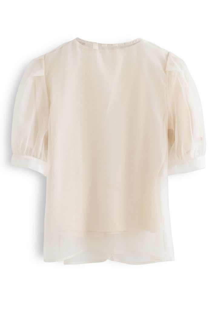 V-Neck Ruched Organza Twinset Top in Cream