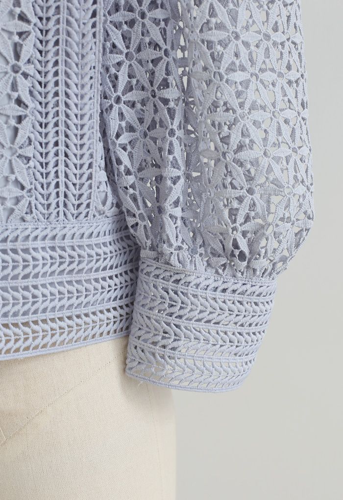 Full Floral Cutwork Crochet Top in Dusty Blue