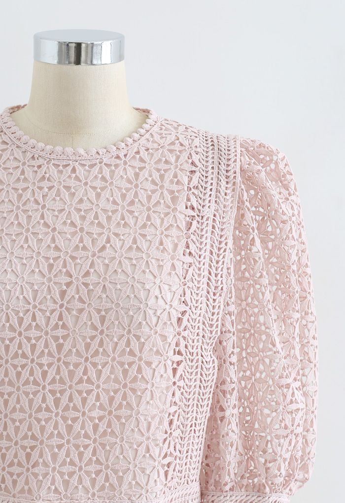 Full Floral Cutwork Crochet Top in Dusty Pink