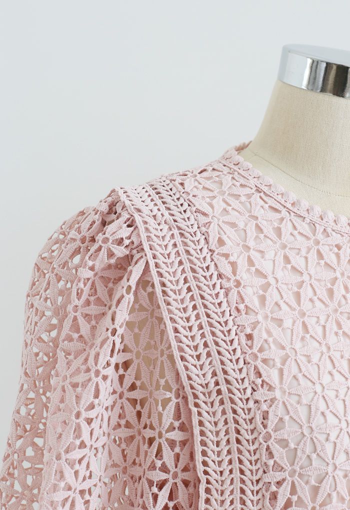 Full Floral Cutwork Crochet Top in Dusty Pink