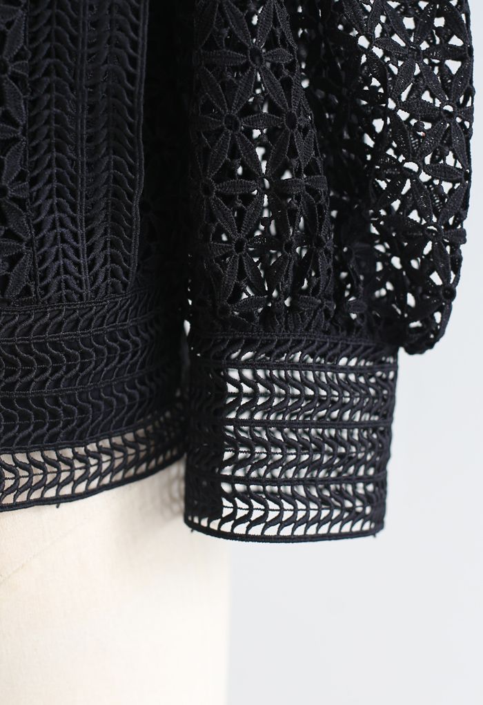 Full Floral Cutwork Crochet Top in Black