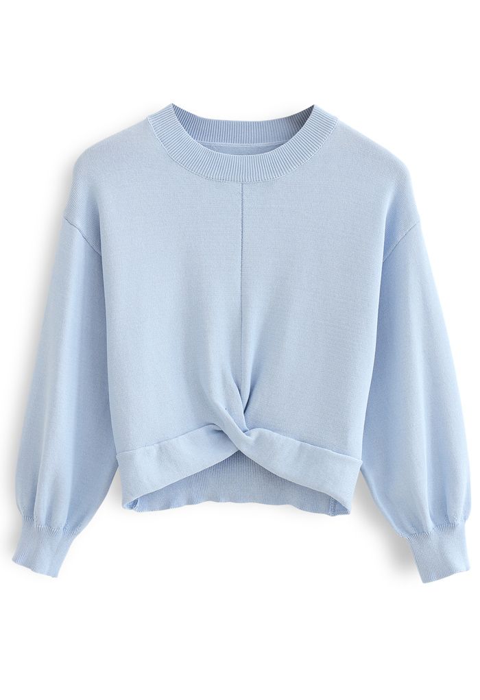 Twist Waist Cropped Rib Knit Top in Blue - Retro, Indie and Unique Fashion