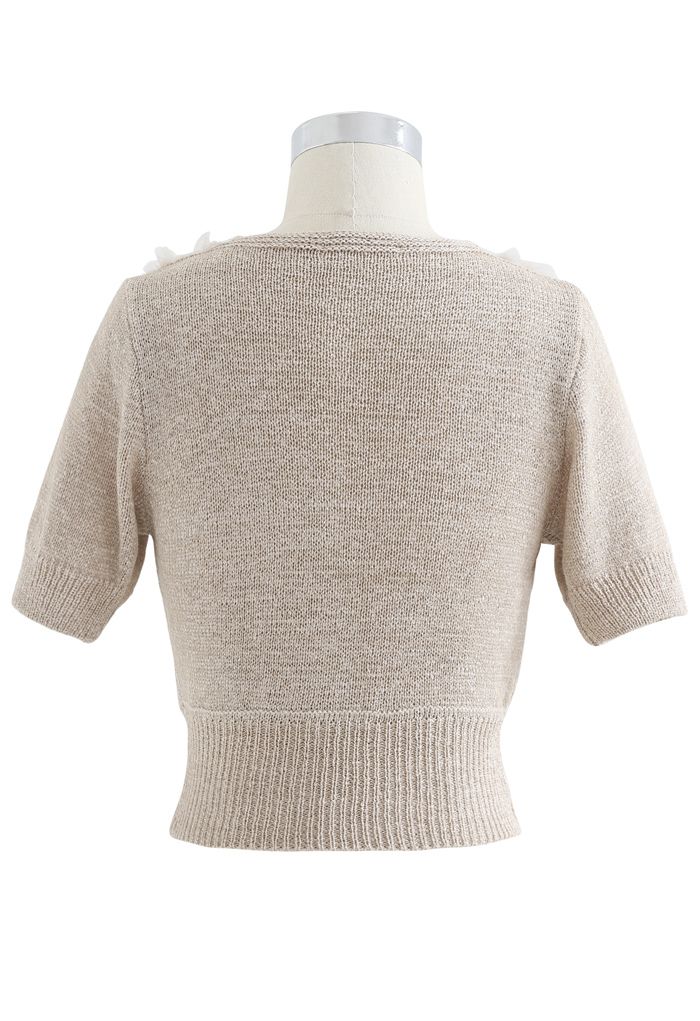 Mesh Overlay Wrap Crop Knit Top in Taupe